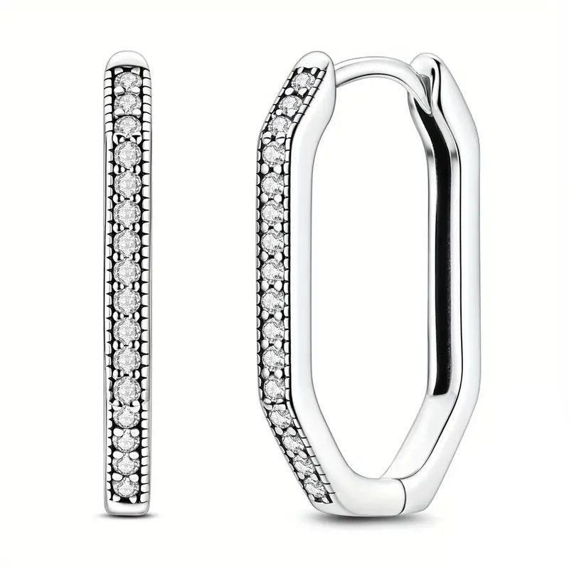 Rhodium Finish Hexagonal Hoops CZ