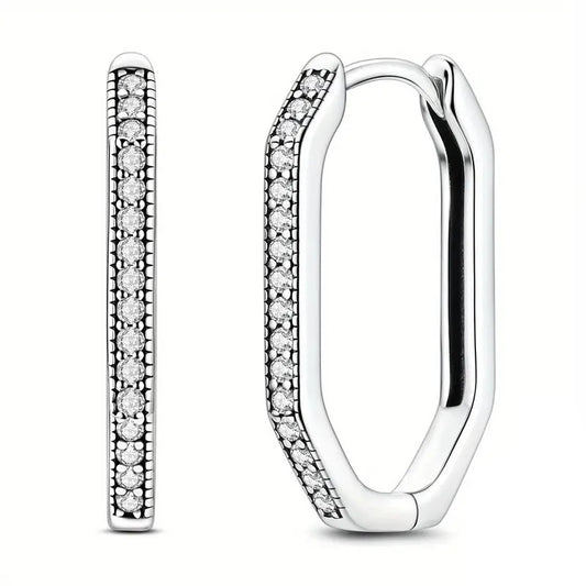 Rhodium Finish Hexagonal Hoops CZ