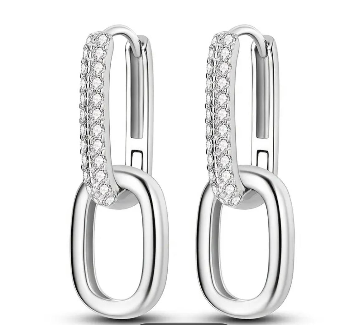 Rhodium Finish Hoop CZ Earrings